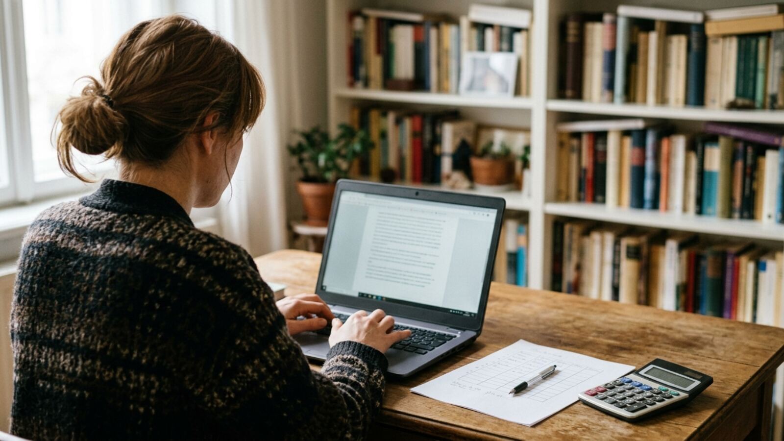 Was ein Bezahl-Newsletter pro Monat wirklich einbringt Autorin am Laptop mit Rechner und Notizblatt, die die Einnahmen eines Bezahl-Newsletters nachrechnet
