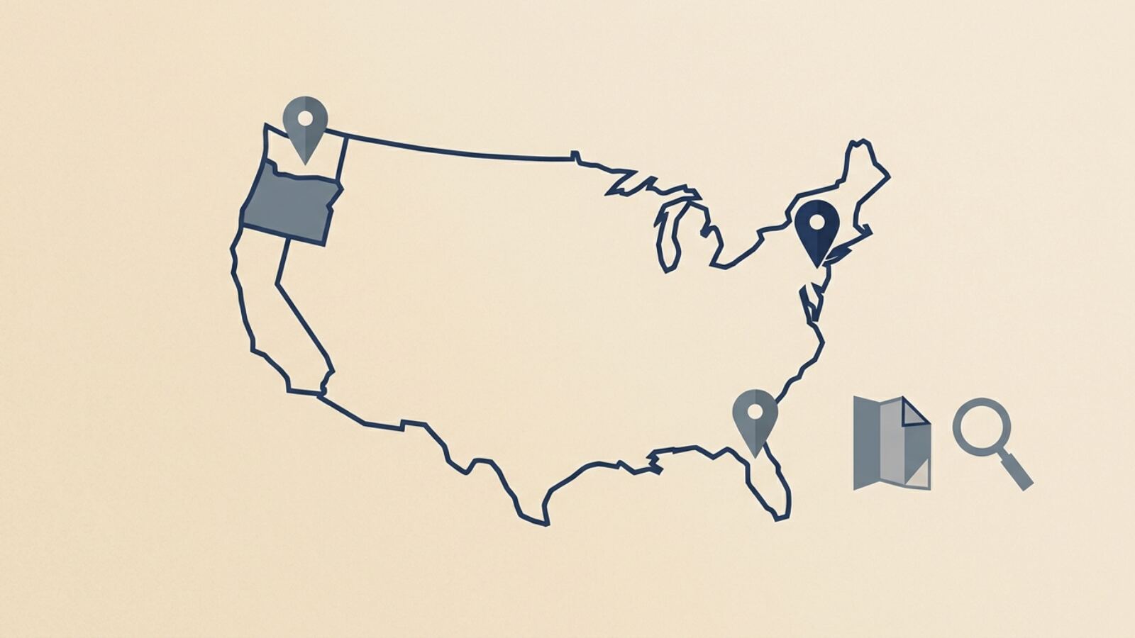 Outline map of the United States with location pins Outline map of the United States with three location pins and a magnifying glass