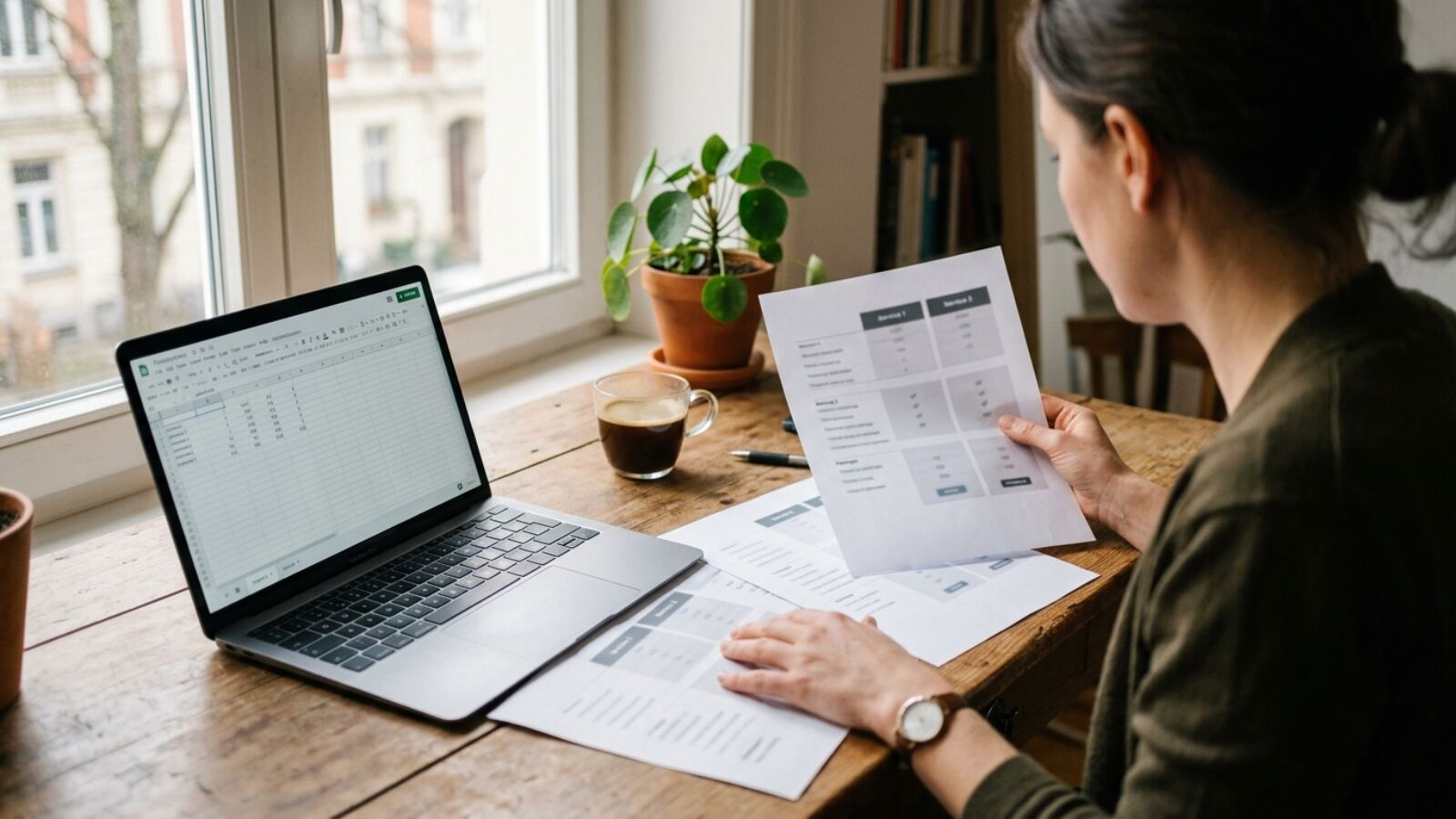 Emprendedora que compara tarifas impresas de servicios de creación de LLC junto a su portátil