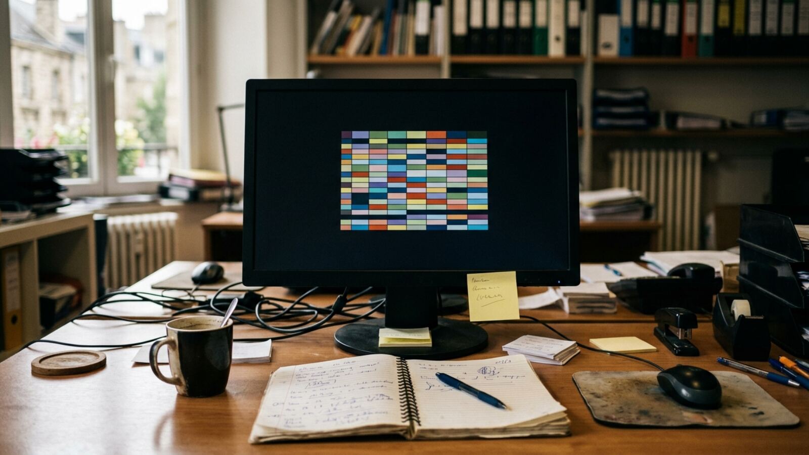 Il foglio condiviso e il post-it che una cassaforte di password sostituisce Monitor di ufficio con un foglio di password e un post-it vuoto attaccato al bordo