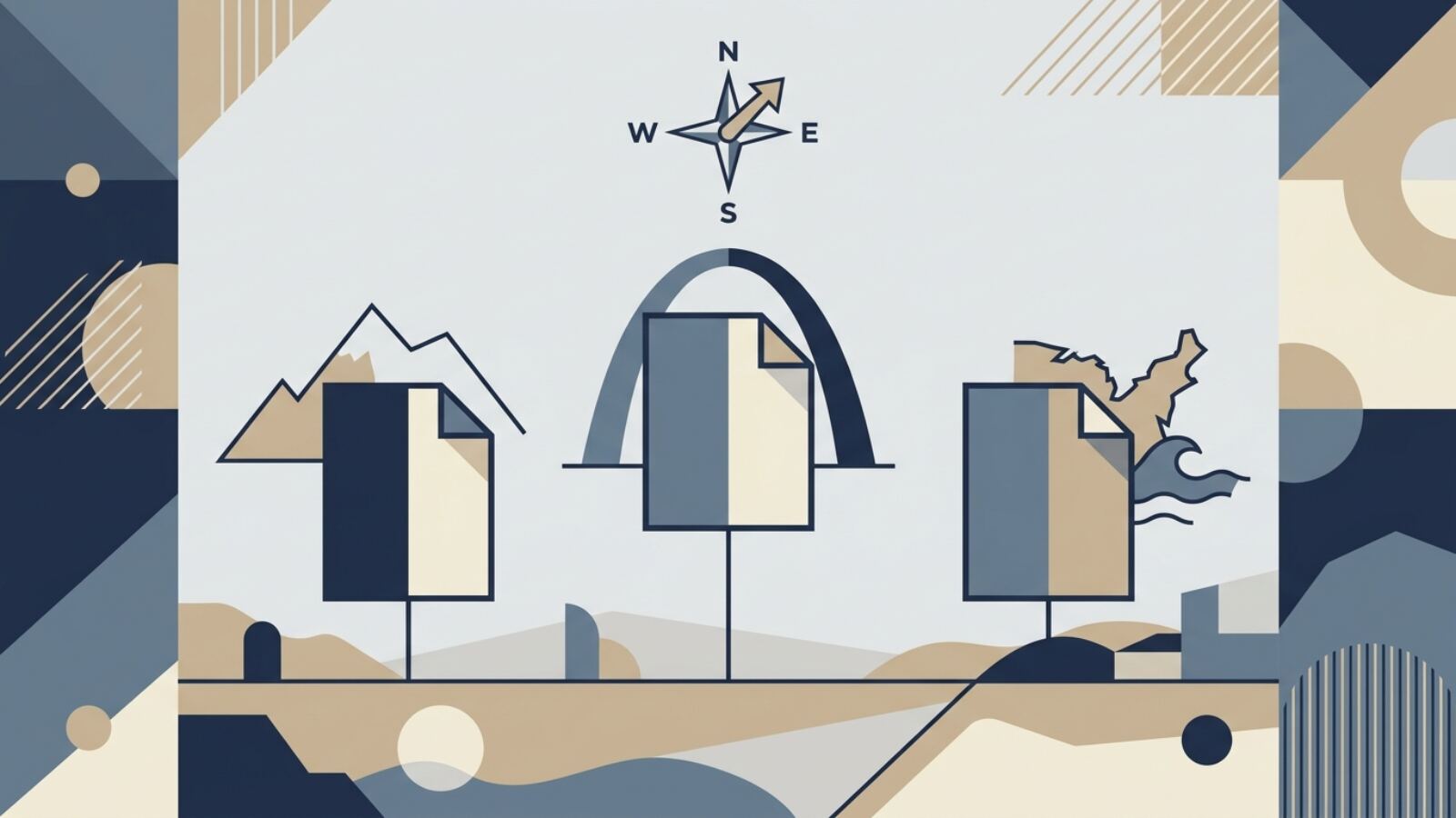 Tre stati americani a confronto per costituire una LLC Illustrazione di tre documenti societari tra montagne, un arco e una costa, sotto una bussola