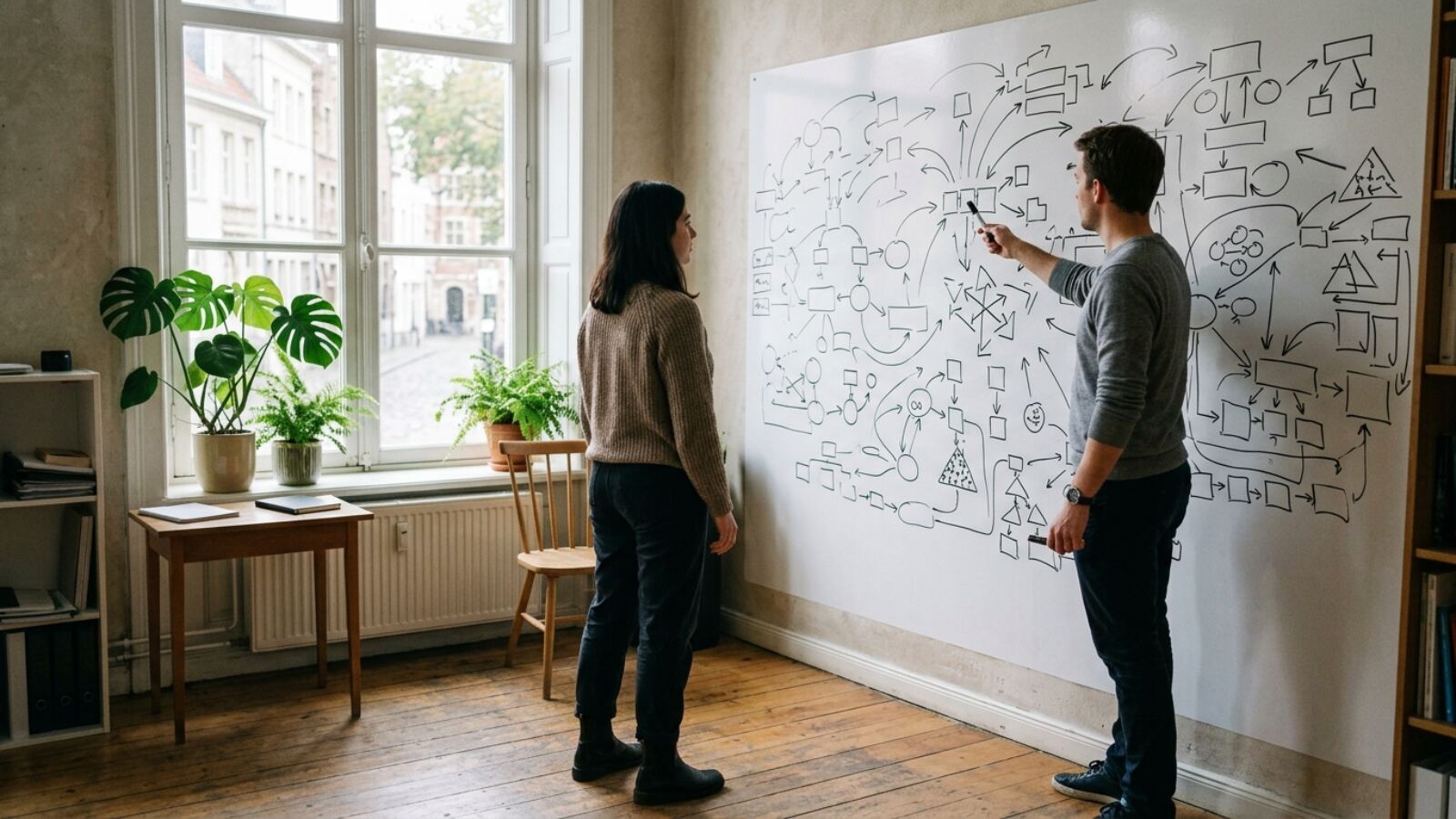 Deux associés arbitrant leur choix d'outil SEO devant un tableau blanc Deux associés arbitrent le choix de leur outil SEO devant un tableau blanc