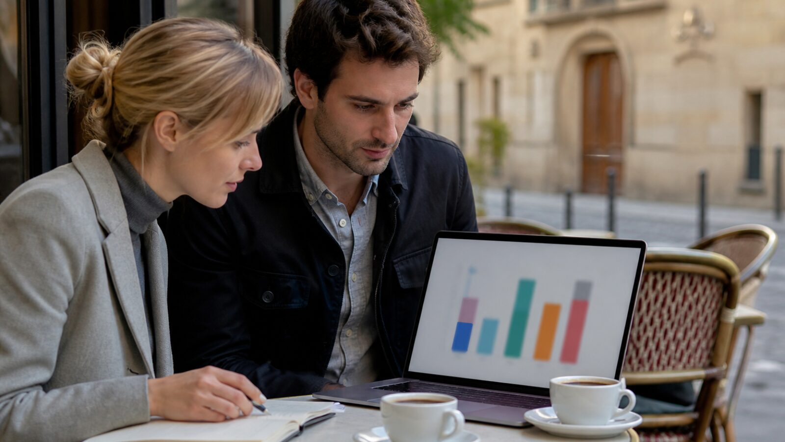 Deux collègues comparant un budget sur ordinateur Deux collègues attablés dans un café comparent le budget d'encaissement sur un ordinateur portable