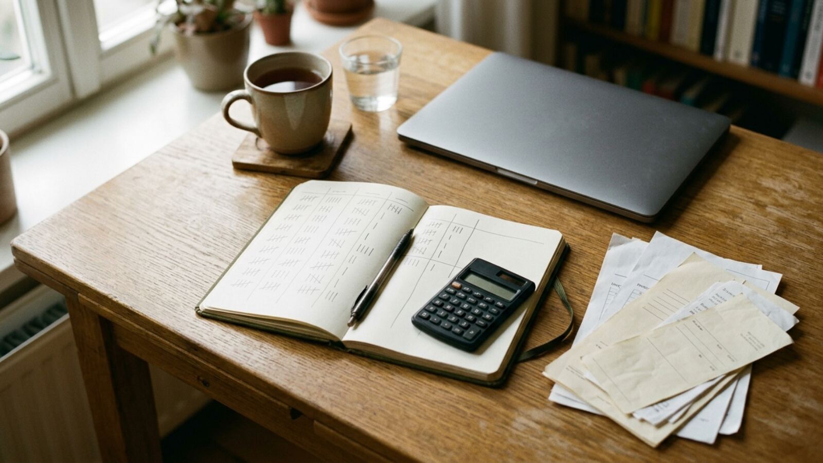 Le budget mensuel d'une pile d'outils de freelance Bureau d'un freelance qui calcule le budget mensuel de sa pile d'outils