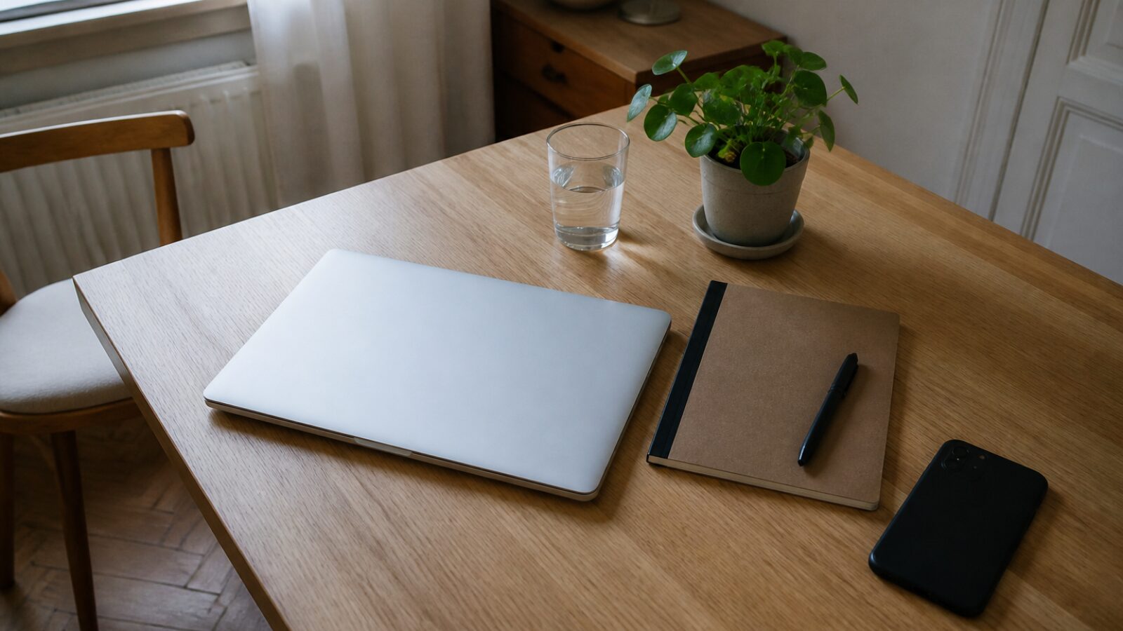 Bureau de freelance vu de dessus avec ordinateur, carnet et stylo