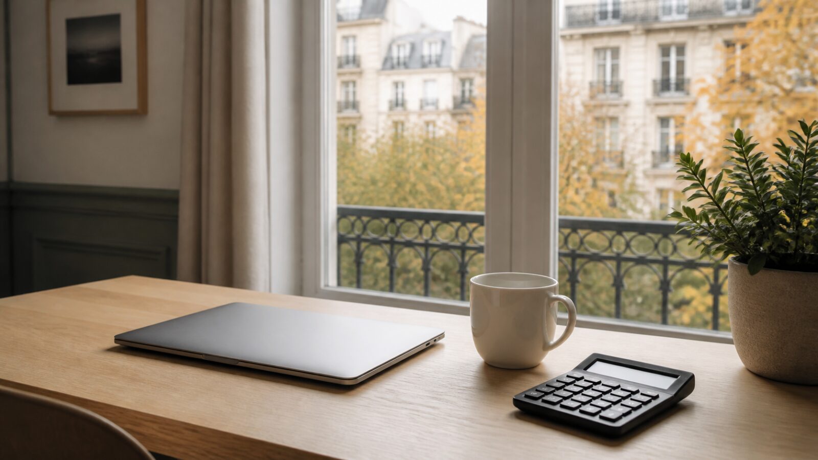 Bureau en chêne clair avec ordinateur portable fermé, tasse de café et calculatrice