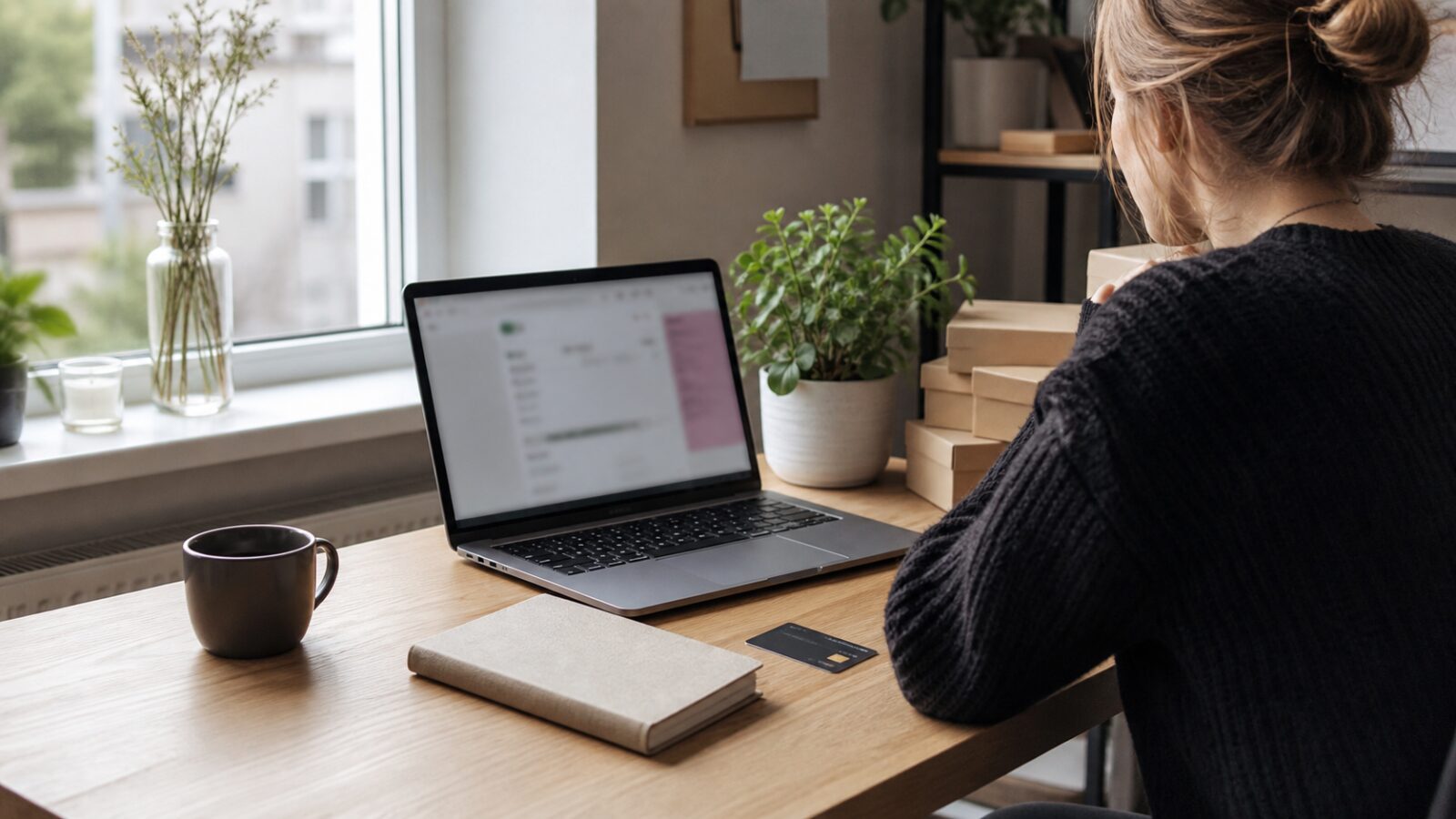 Bureau d'un vendeur en ligne avec ordinateur portable, carnet et carte bancaire