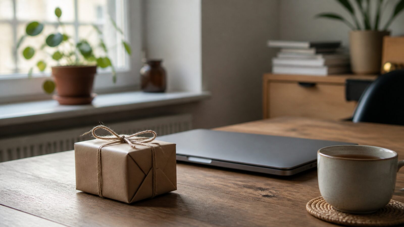 Un petit cadeau emballé dans du papier kraft posé sur un bureau de travail
