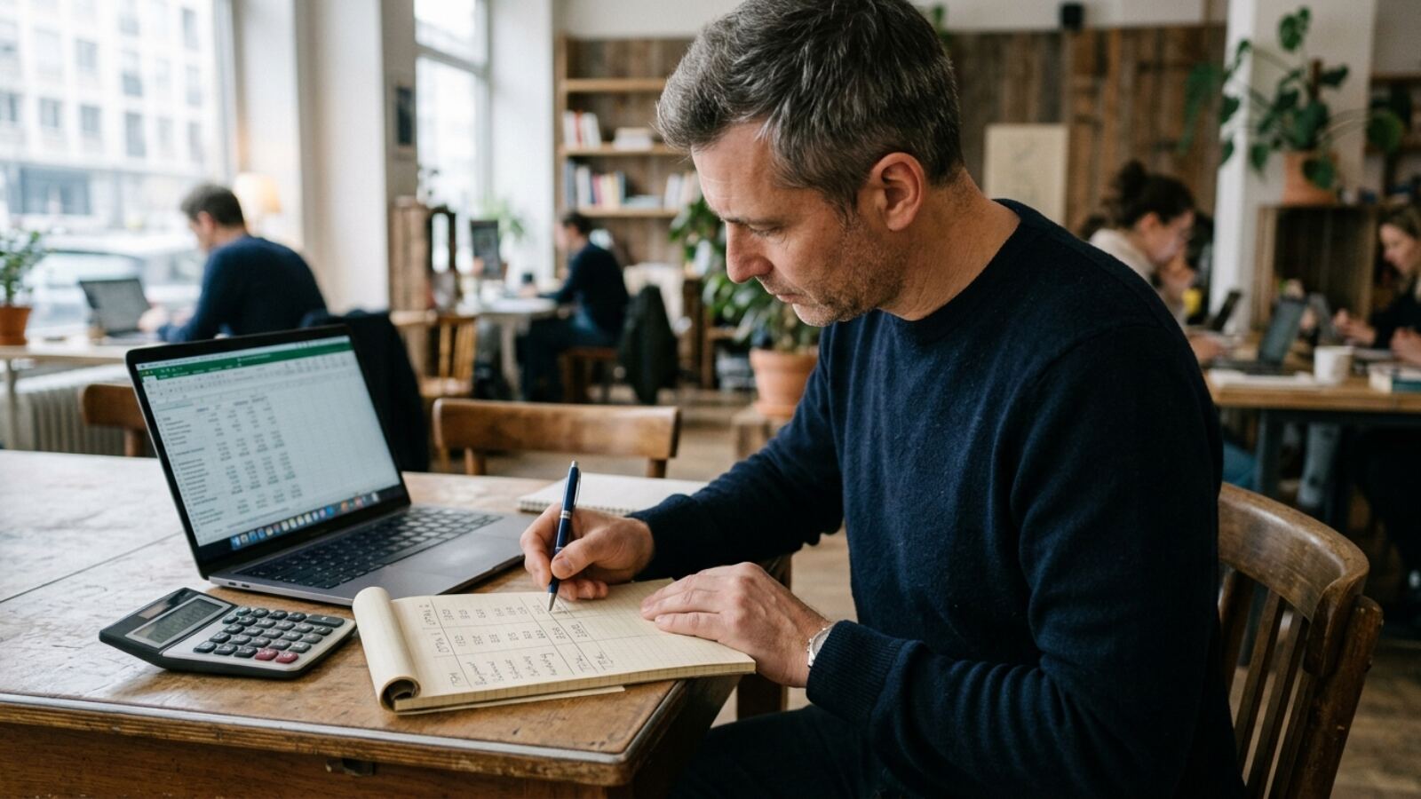 Calcul sur papier du coût réel d'un hébergement web sur trois ans Entrepreneur calculant le coût d'un hébergement web sur trois ans avec un carnet et une calculatrice