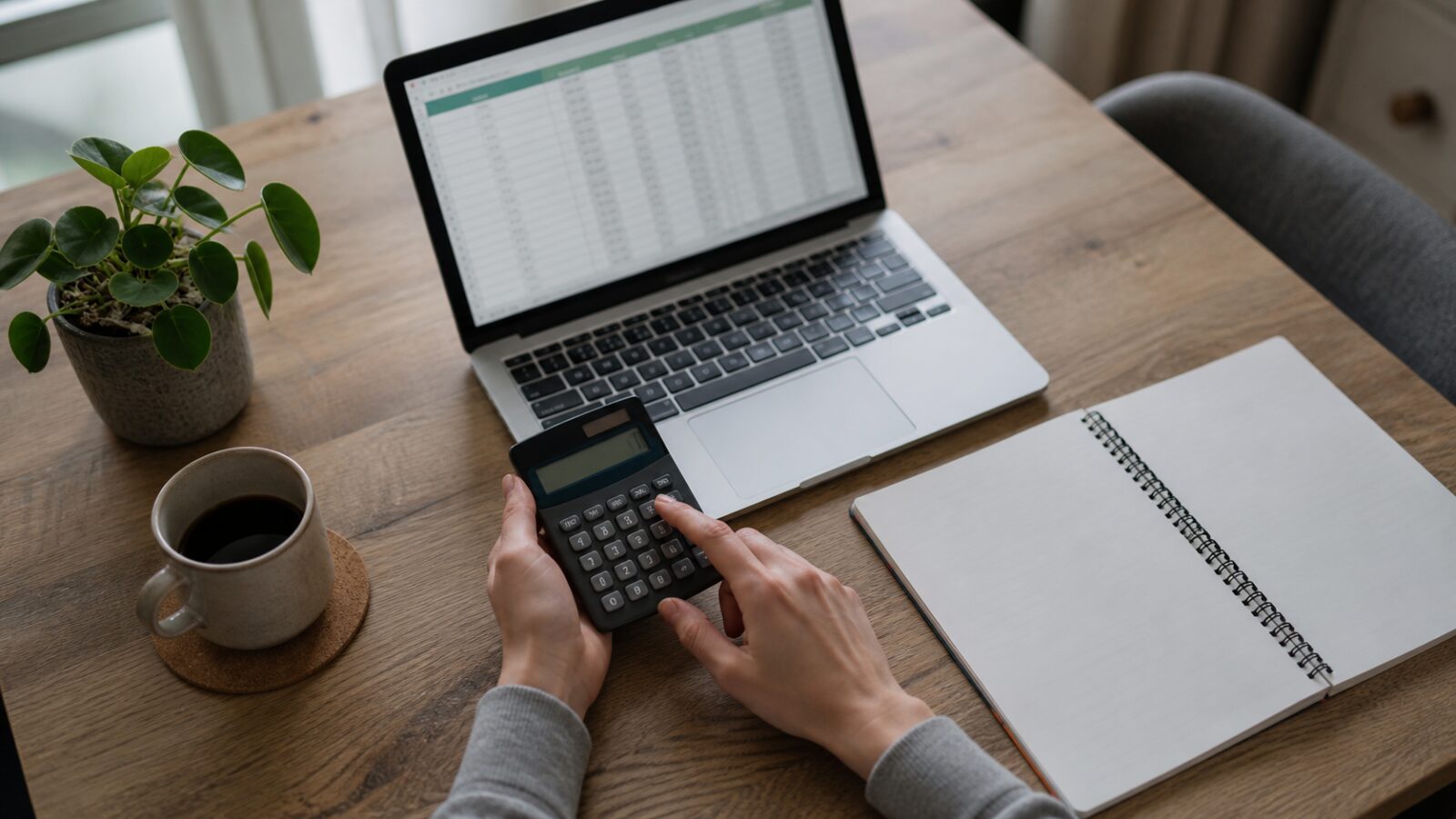 Calcul du net par vente sur un bureau de créateur Calculatrice et carnet pour comparer le net par vente de chaque outil