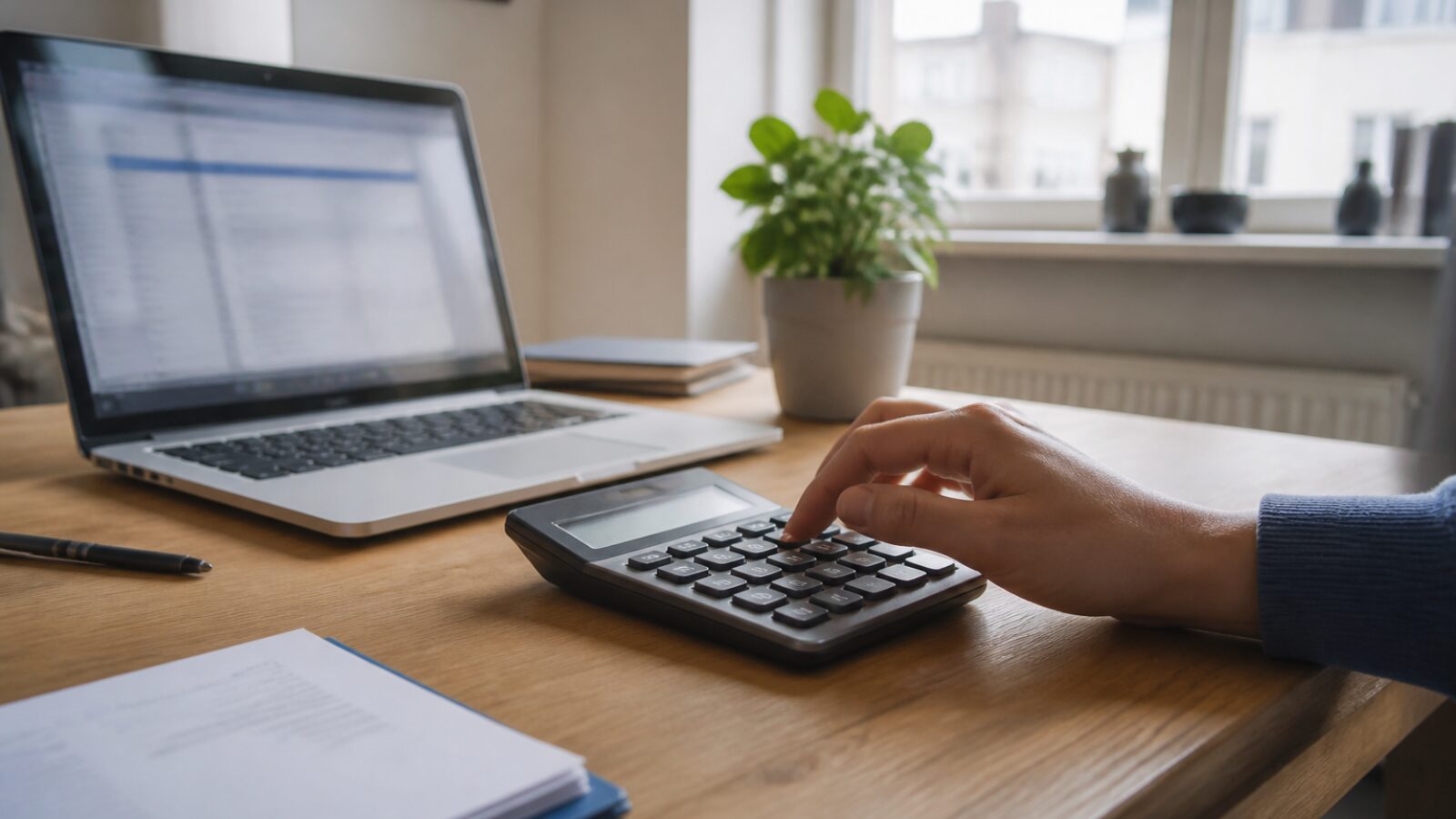Calculatrice posée près d'un ordinateur portable Main appuyant sur une calculatrice près d'un ordinateur portable pour calculer un prix annuel