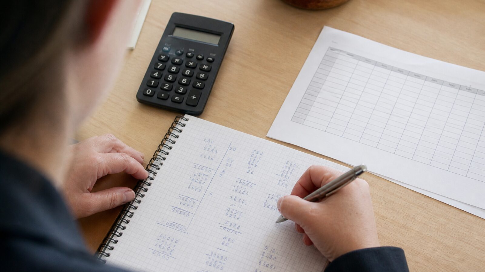 Main qui note un calcul de prix annuel dans un carnet, à côté d'une calculatrice
