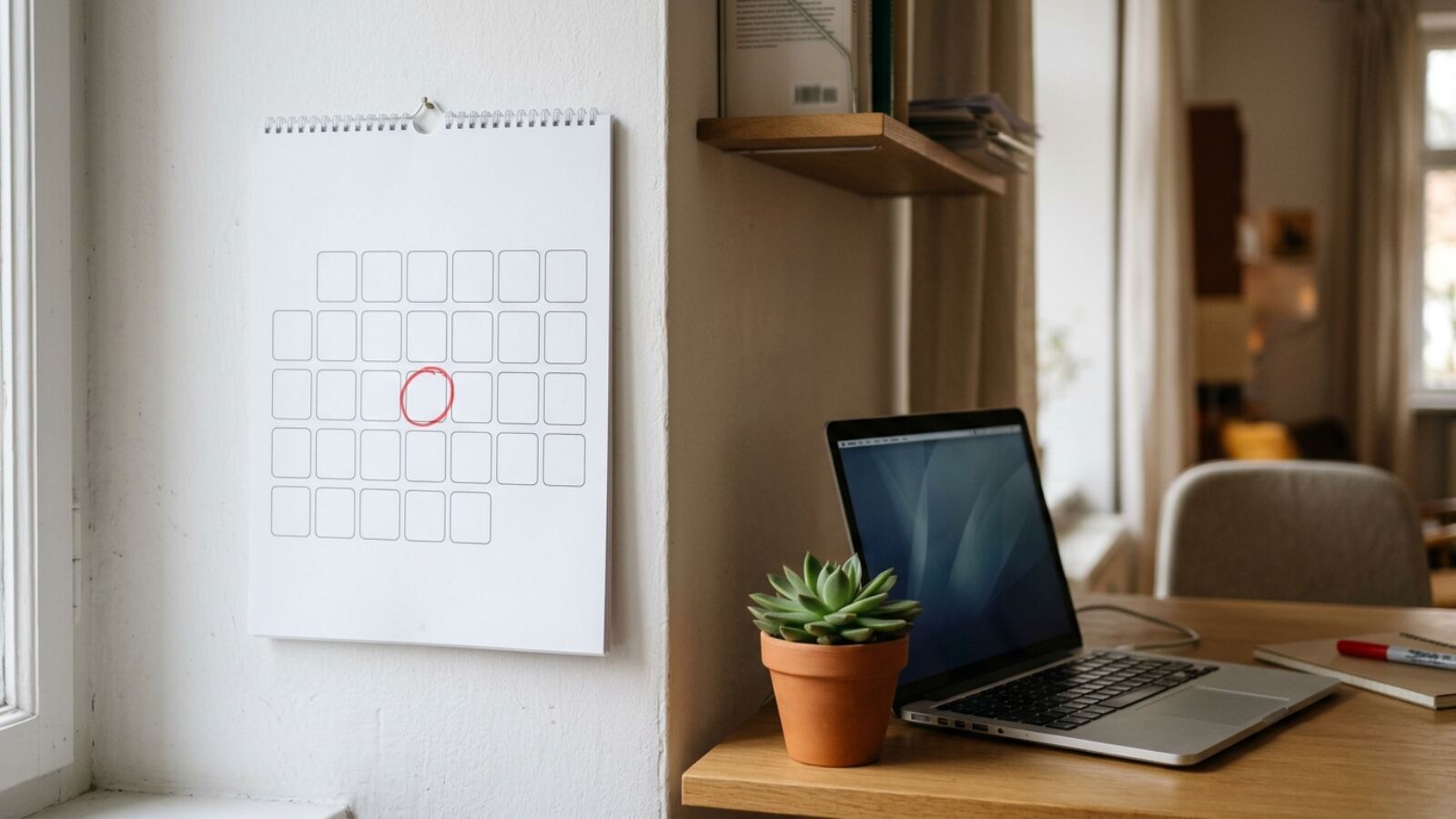 La date de renouvellement décide de la facture annuelle Calendrier mural avec une date de renouvellement entourée et un ordinateur portable ouvert