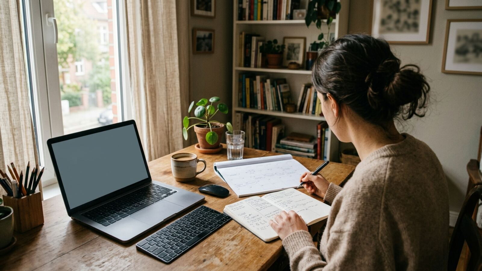 Bureau avec calendrier papier et carnet de dates pour suivre les délais de versement d'une prime