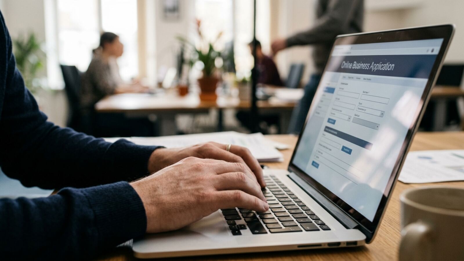 Mains sur un clavier remplissant une candidature de compte bancaire non-résident