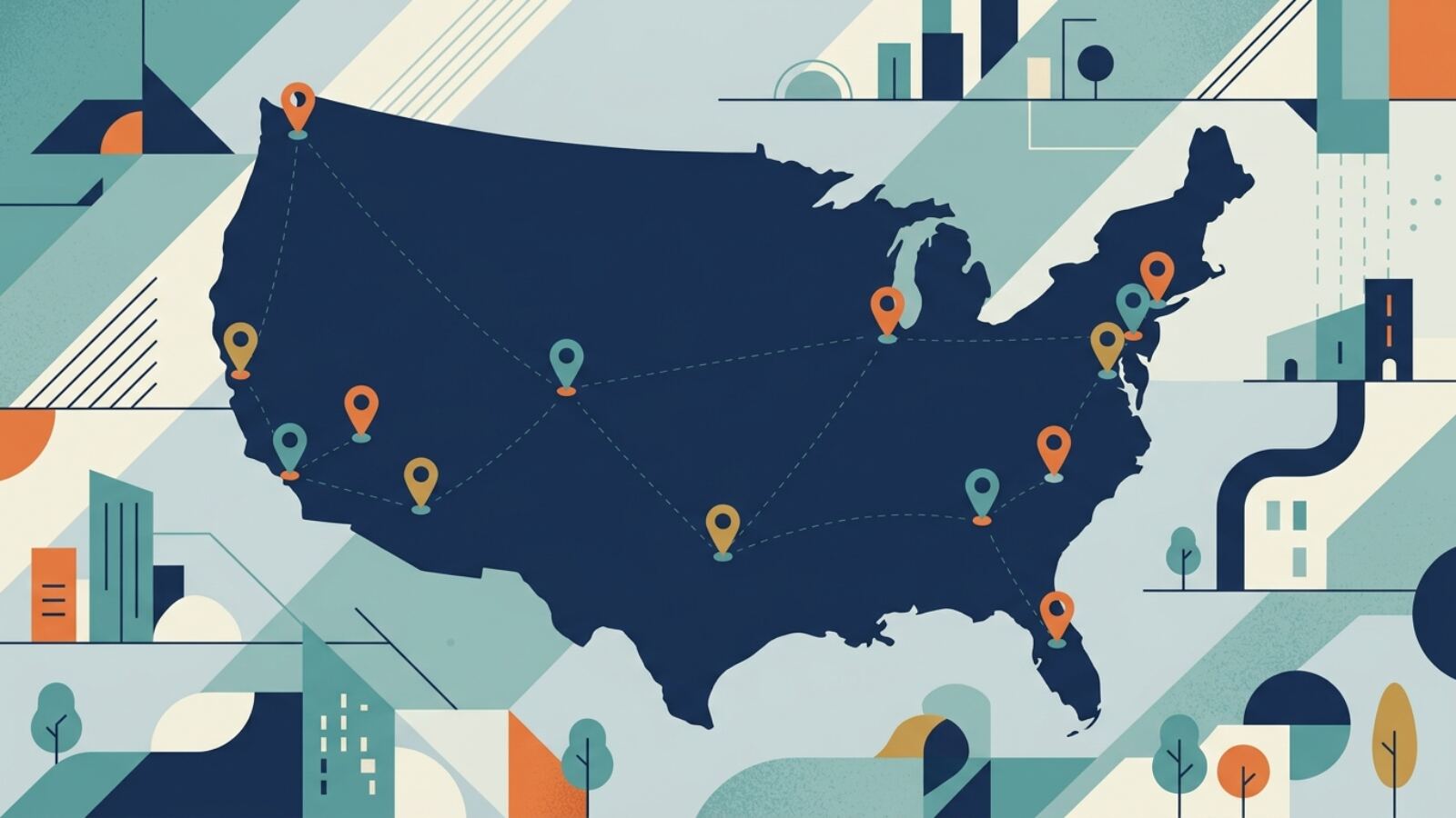 Emplacements d'adresse postale virtuelle aux États-Unis Carte des États-Unis montrant des emplacements possibles pour une adresse postale virtuelle de LLC