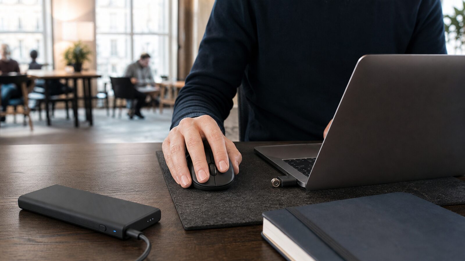 Poste de travail d'un entrepreneur avec souris sans fil, clé de sécurité et batterie externe