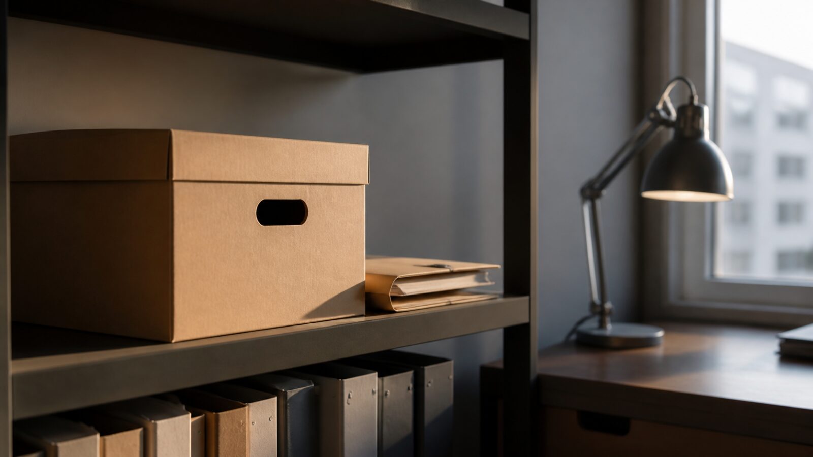 Une boîte d'archives et un classeur fermé rangés sur une étagère de bureau