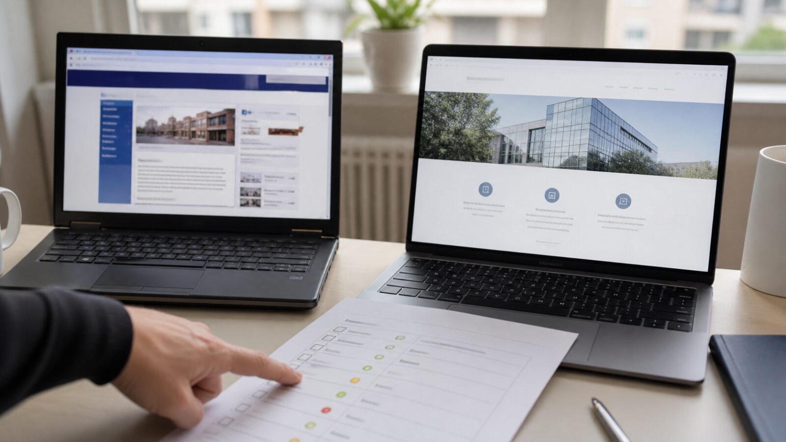Comparaison de l'ancien et du nouveau site avant la bascule DNS Deux ordinateurs côte à côte pour comparer l'ancien et le nouveau site avant la bascule