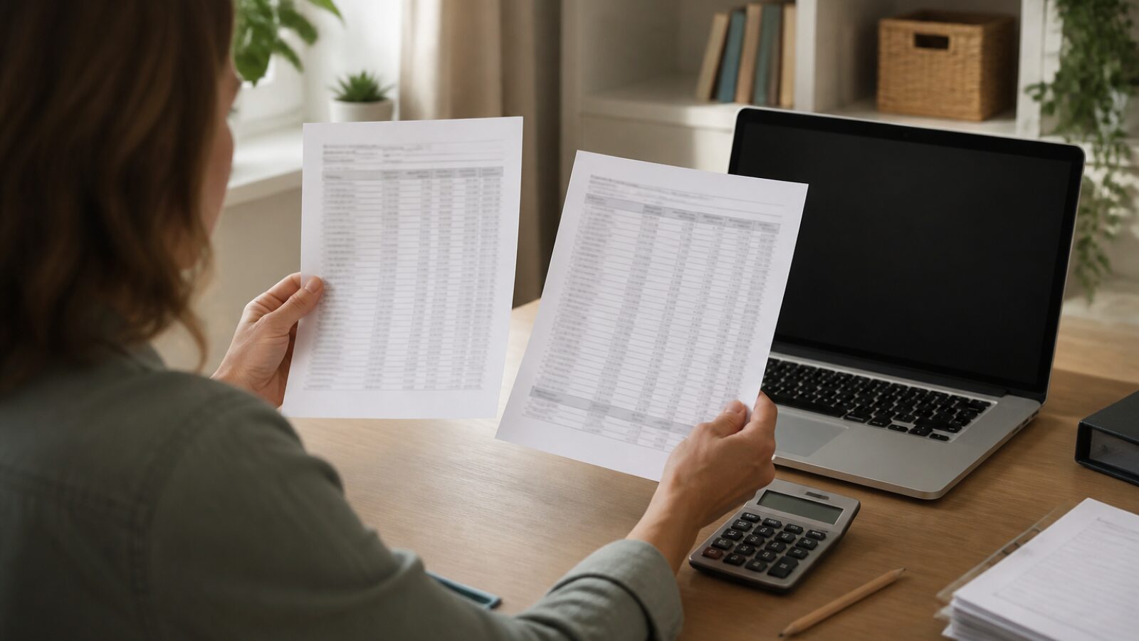 Comparaison des tarifs de renouvellement de registraires sur cinq ans Personne qui compare deux grilles tarifaires de registraires avec un ordinateur et une calculatrice