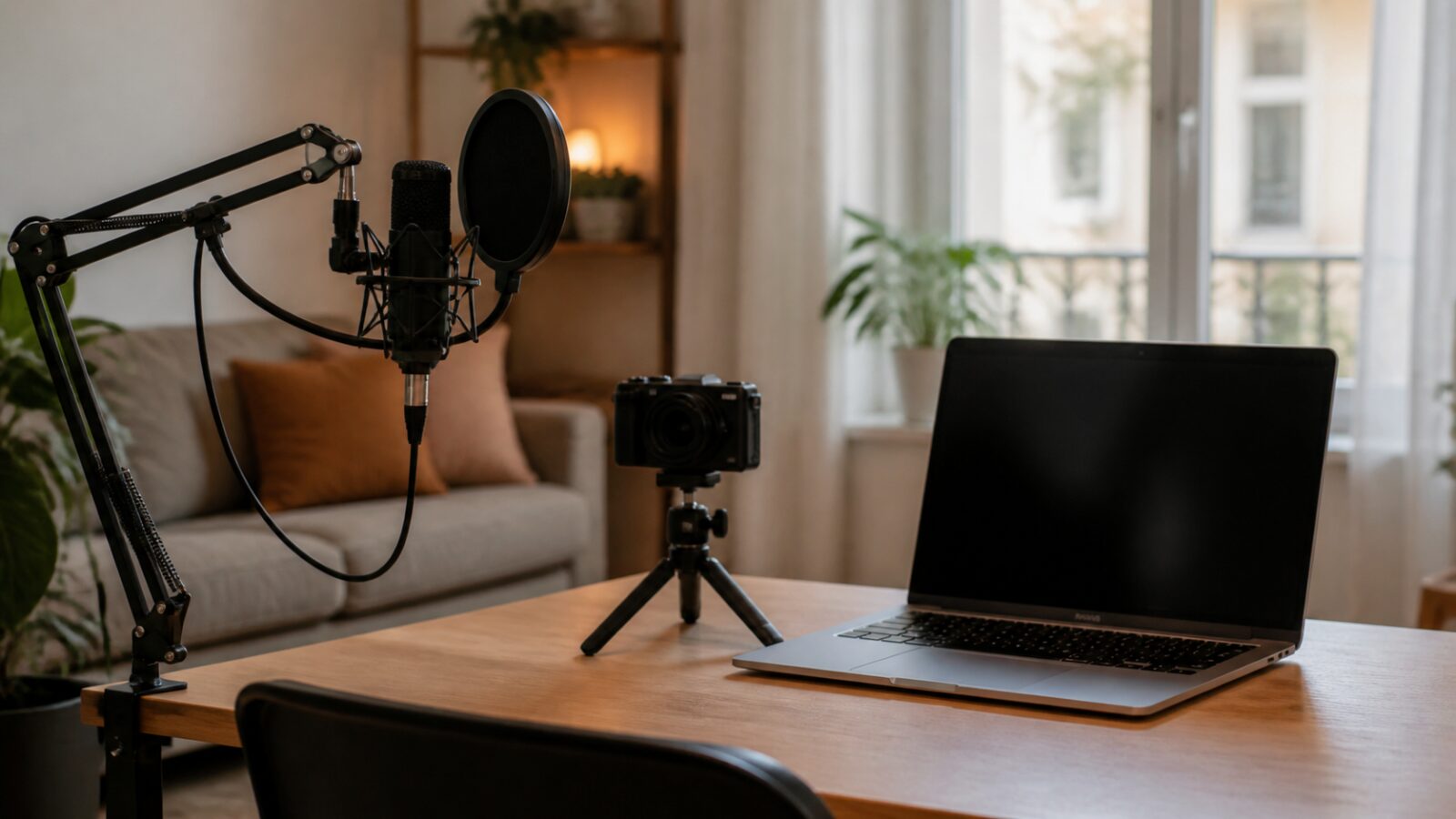 Coin studio d'un créateur de contenu Un coin studio avec microphone sur bras, petite caméra sur trépied et ordinateur portable pour créer du contenu