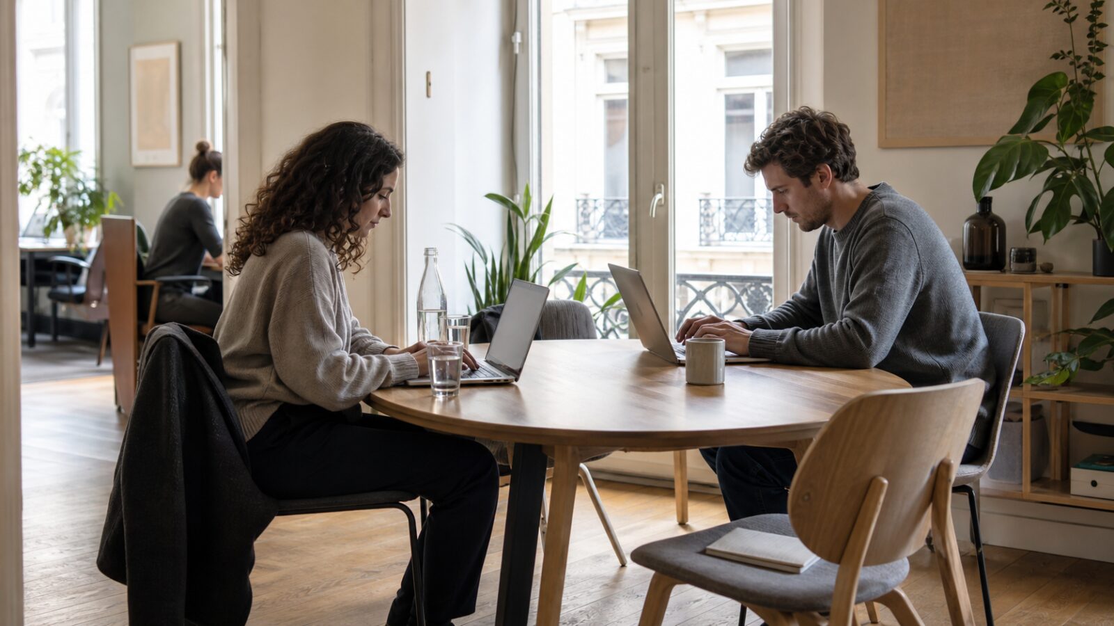 Deux collègues devant leur ordinateur et une troisième chaise vide, image de la limite des deux utilisateurs de HubSpot gratuit
