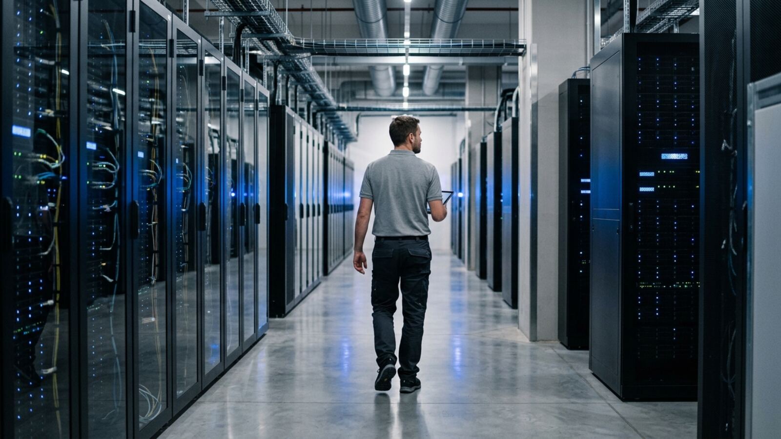 Allée de baies de serveurs dans un centre de données européen Technicien dans un centre de données européen hébergeant des sites web