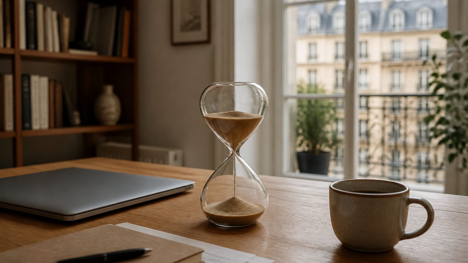 Un sablier sur un bureau, symbole de la durée de vie limitée d'un logiciel