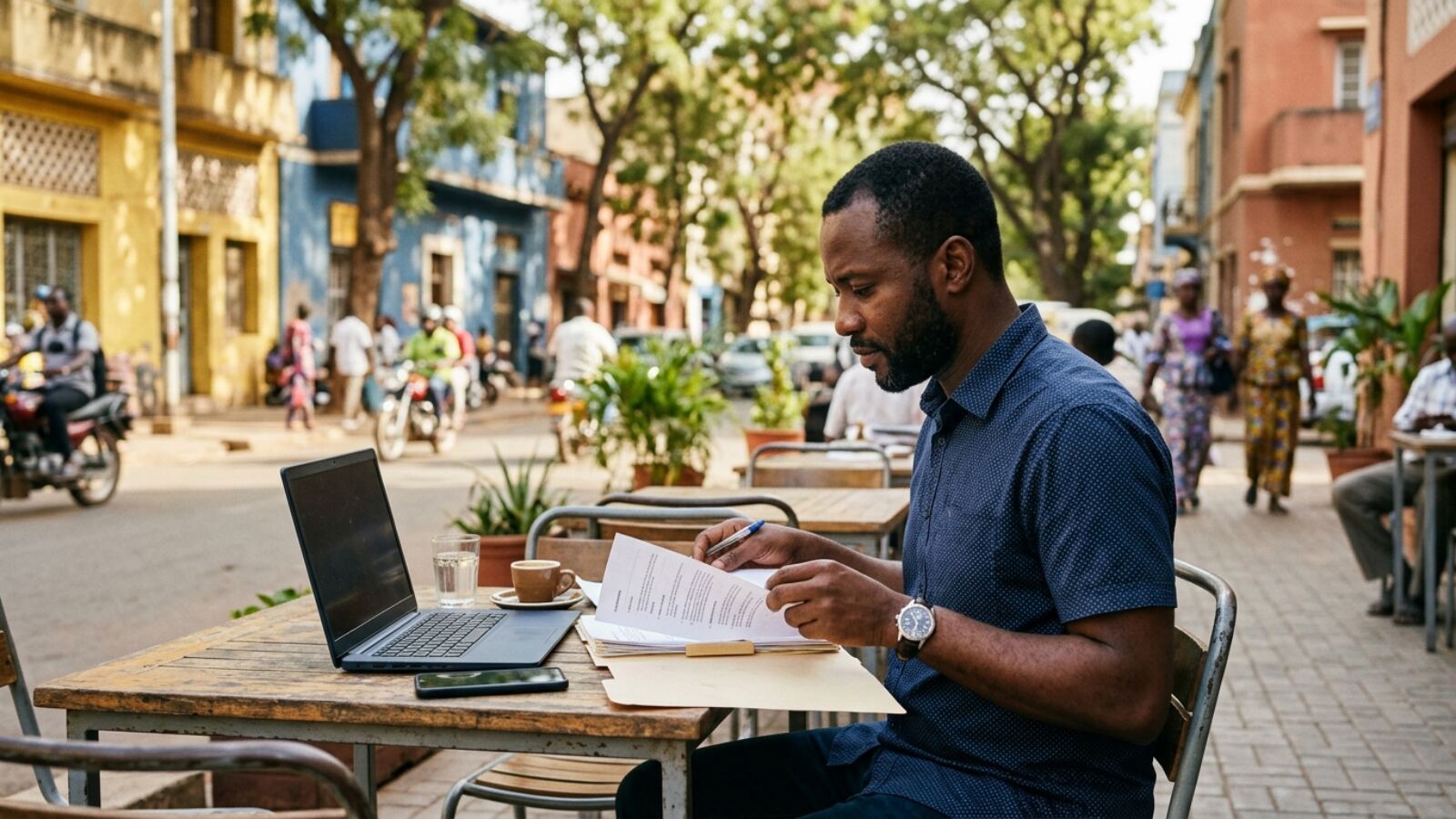 Entrepreneur en terrasse qui relit le dossier de création de sa société étrangère avant d'ouvrir un compte de paiement