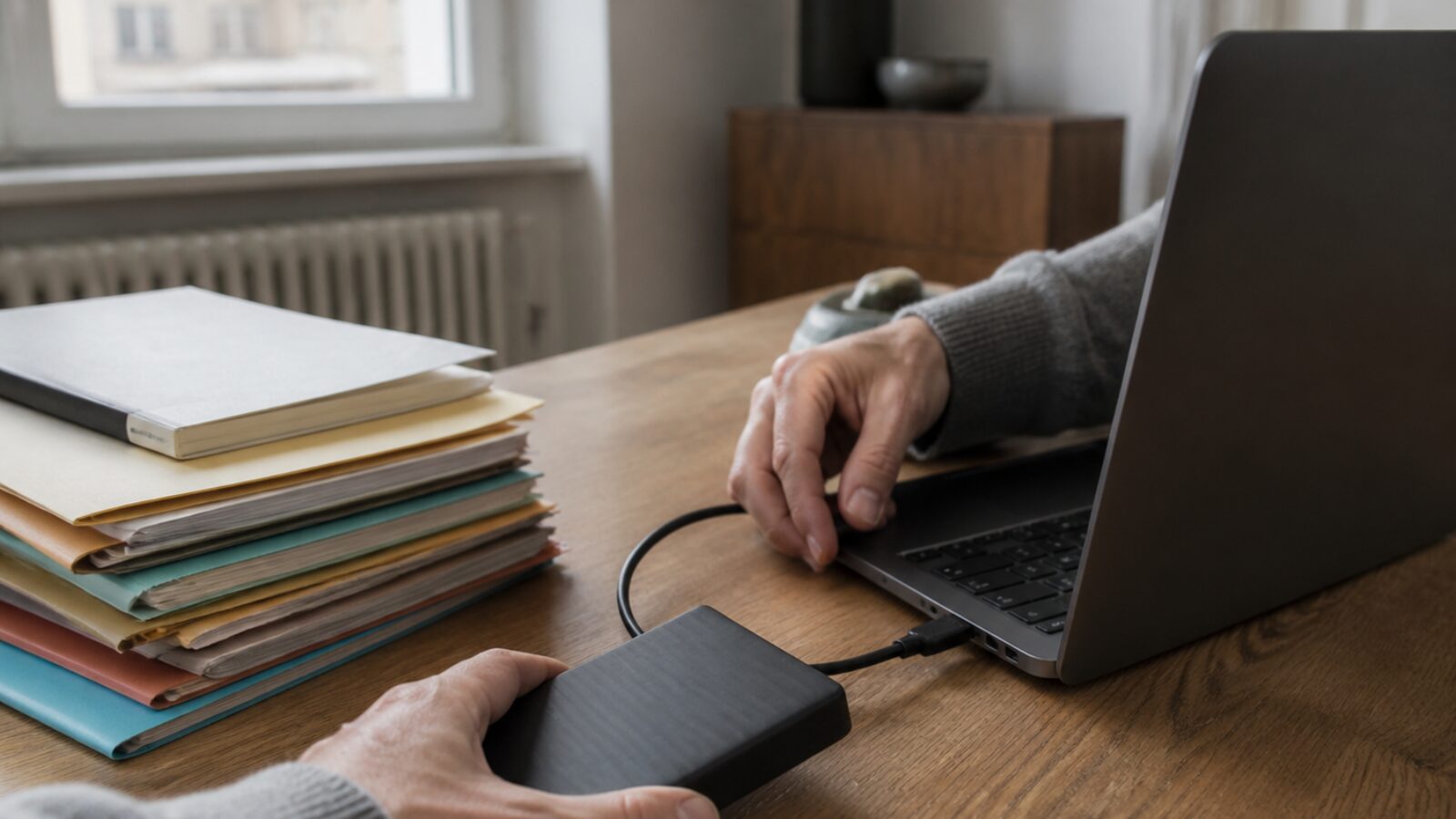 Des mains branchent un disque dur externe pour sauvegarder les données d'un outil avant sa fermeture