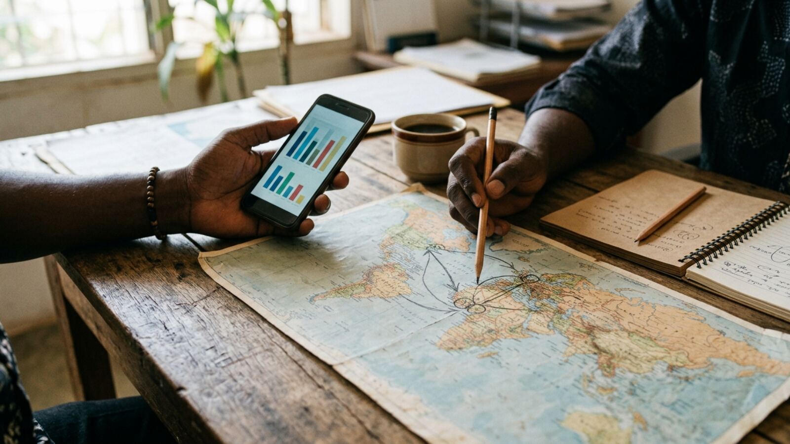 Mains sur une carte du monde reliant Europe, Amérique du Nord et Afrique de l'Ouest, symbole des paiements internationaux