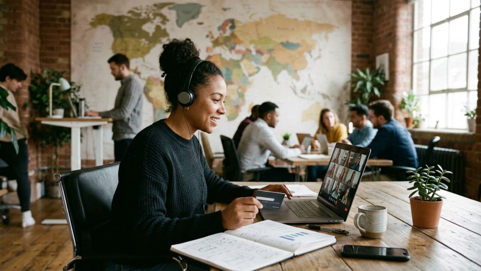 Fondateur non-résident travaillant depuis un espace de coworking pour ouvrir une banque en ligne professionnelle internationale