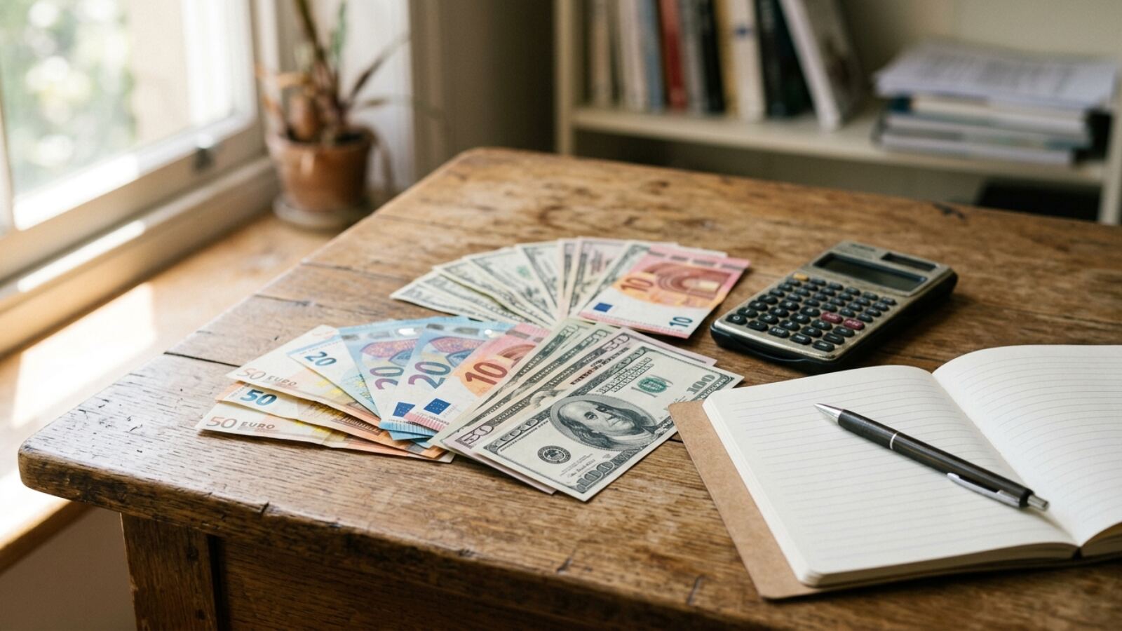 Comparer un compte multidevise et des coûts de conversion au pourcentage Billets en euros et en dollars posés sur un bureau à côté d'une calculatrice et d'un carnet de comptes