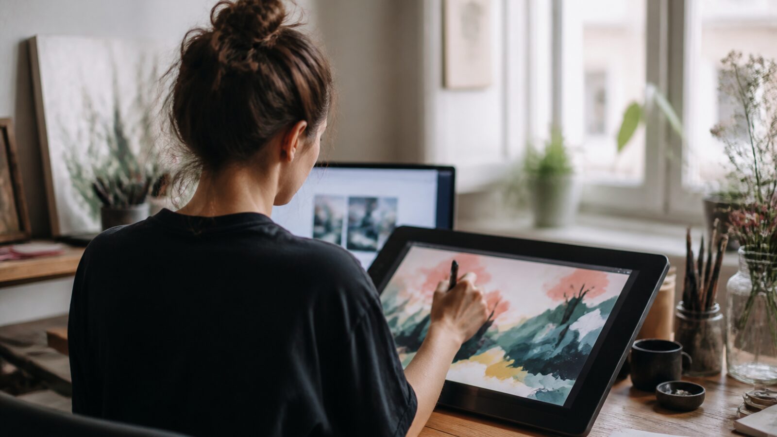 Illustratrice numérique à son poste de travail Illustratrice numérique dessinant sur une tablette graphique dans un atelier lumineux
