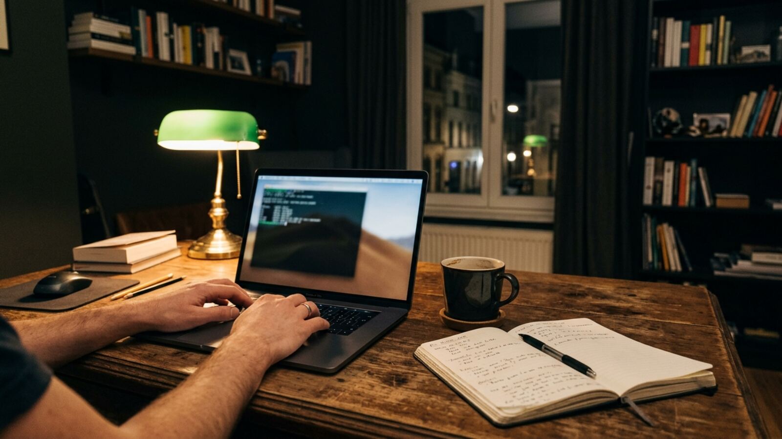 Session de maintenance en soirée devant un ordinateur portable