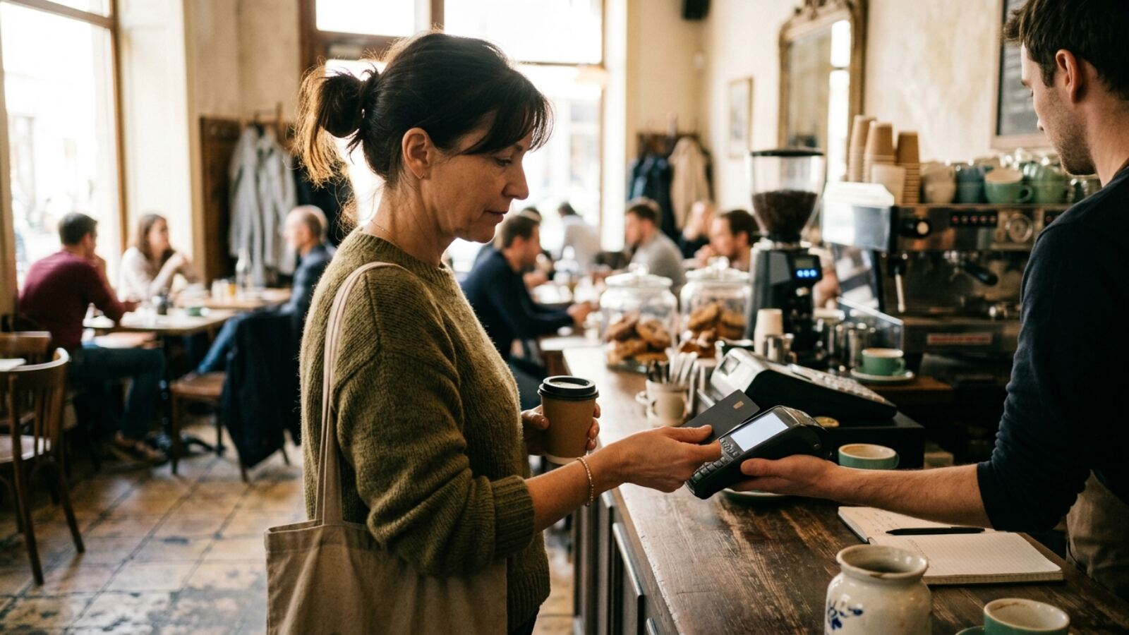 Paiement par carte sans contact au comptoir d'un café