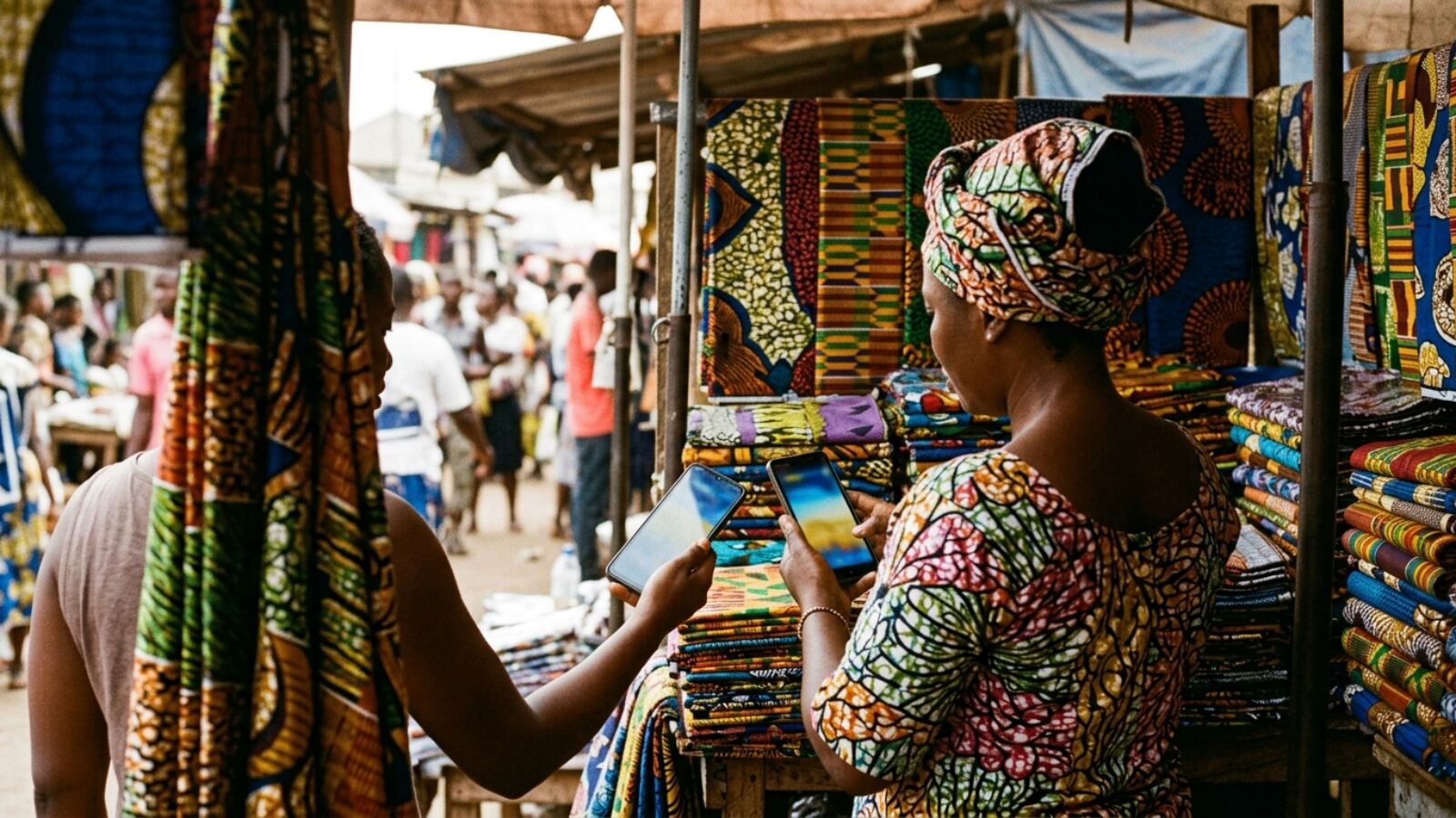 Commerçante sur un marché qui encaisse un paiement mobile money sur smartphone