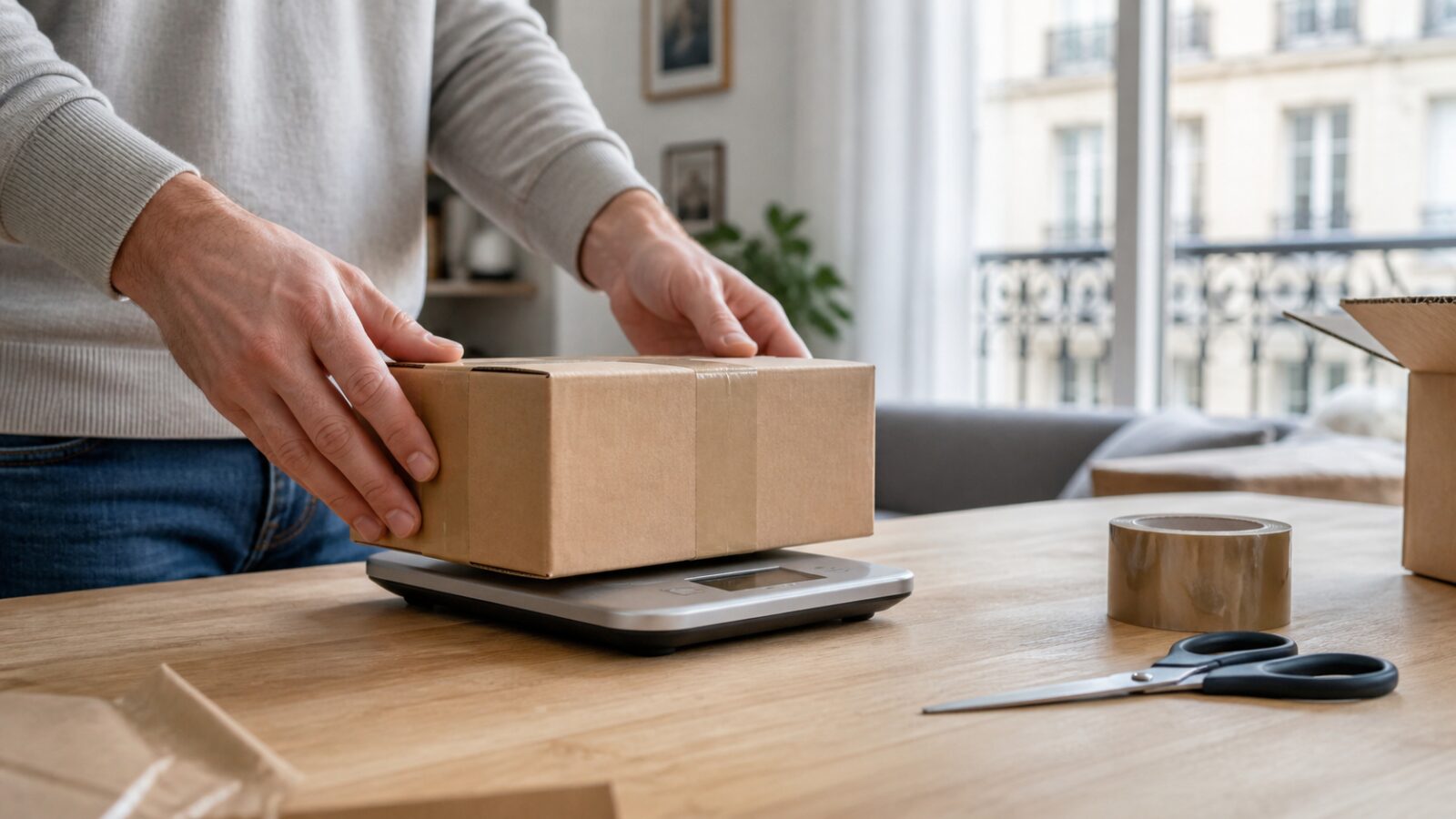 Mains posant un petit colis en carton sur une balance pour calculer le coût de livraison