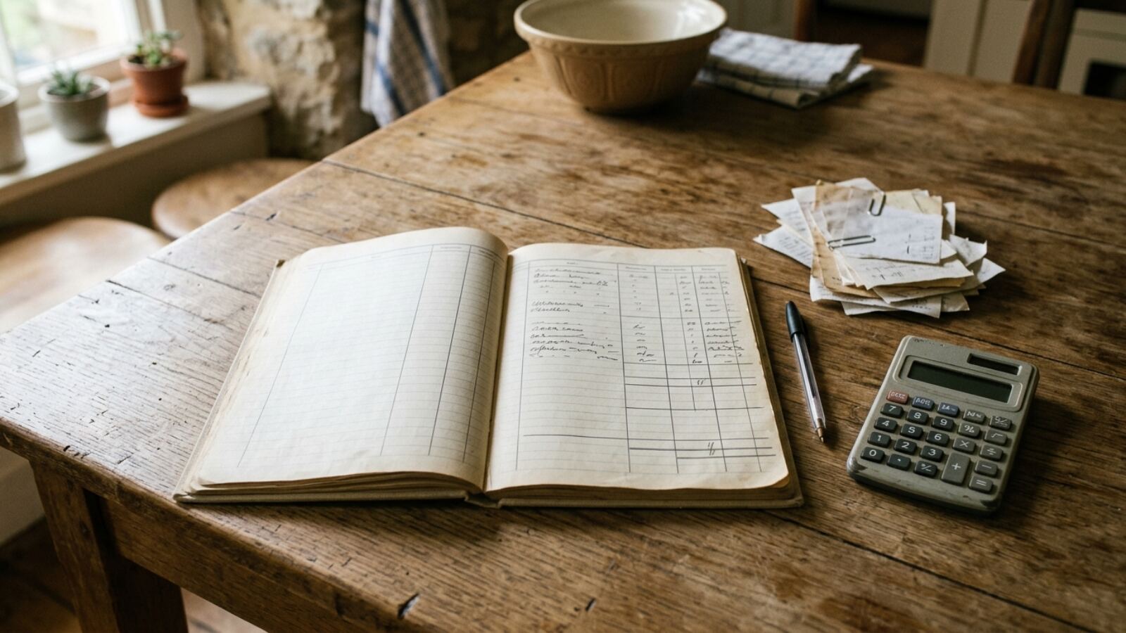 Livre des recettes tenu à la main par un micro-entrepreneur Livre des recettes papier, calculatrice et justificatifs d'un micro-entrepreneur posés sur une table