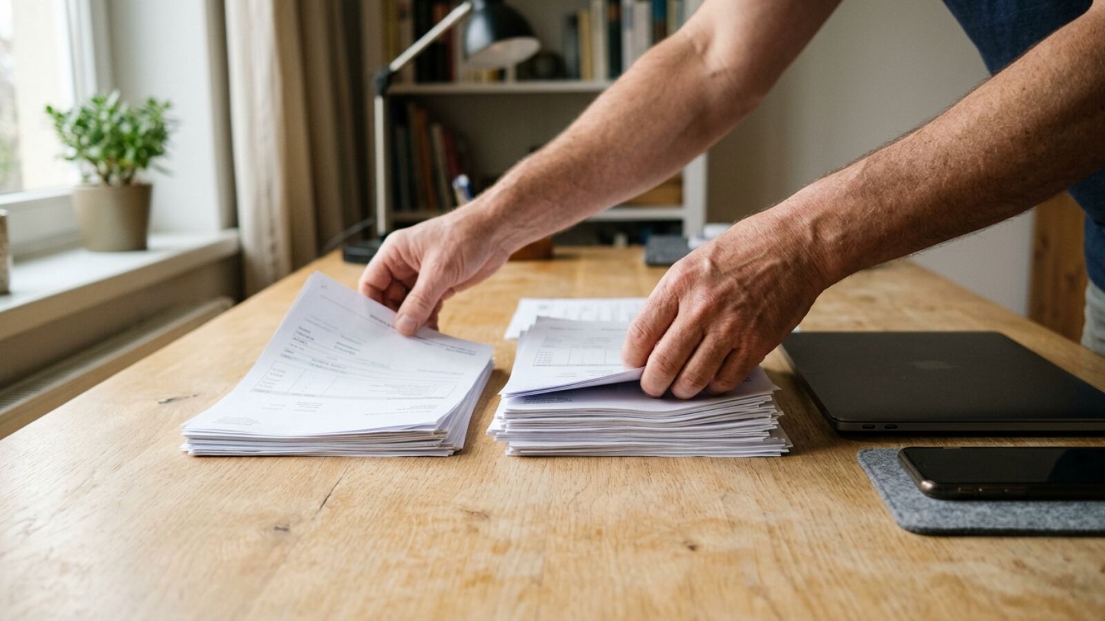 Tri des factures papier avant le passage à la facture électronique Mains triant des factures papier en deux piles avant leur passage sur une plateforme agréée gratuite