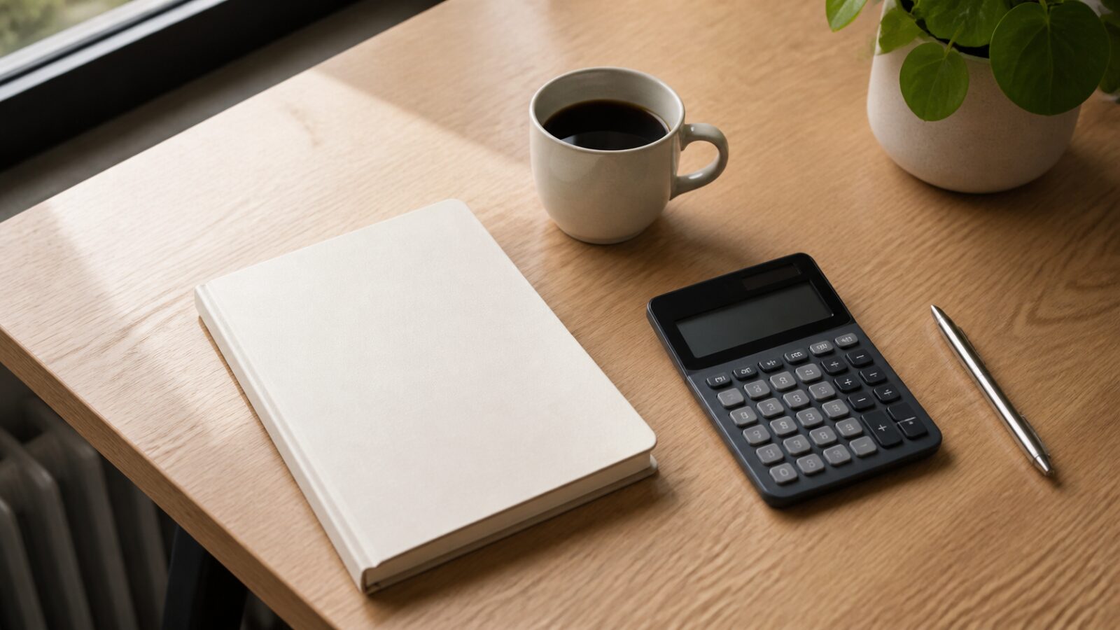 Bureau avec un carnet, une calculatrice et une tasse de café pour comparer deux années d'abonnement
