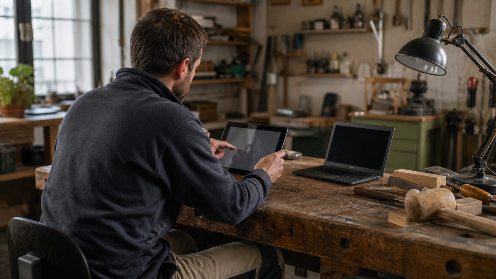 Artisan devant sa tablette dans son atelier Artisan qui consulte sa tablette dans son atelier, avec ses outils de gestion