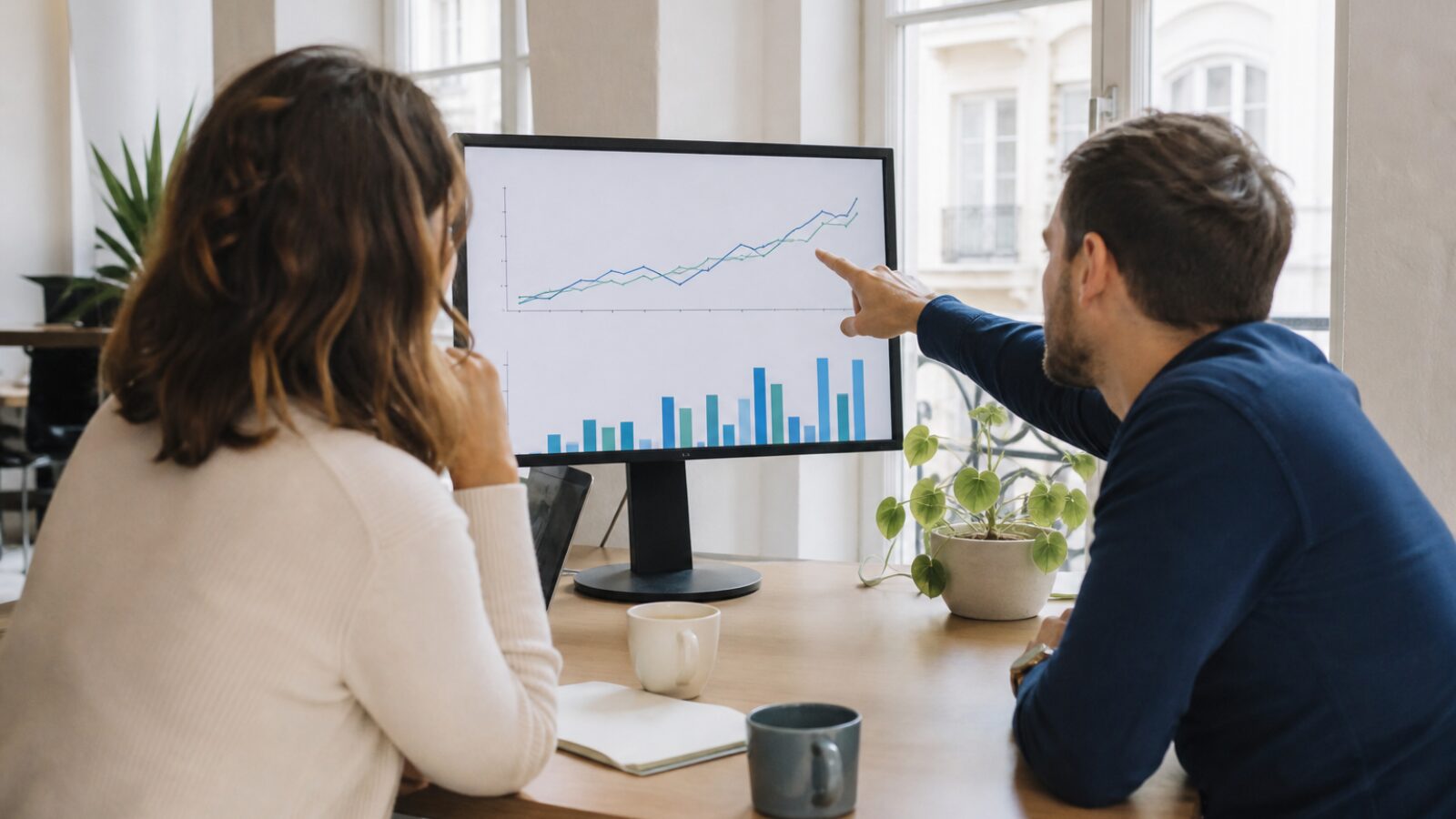 Suivi des citations dans les moteurs de réponse Deux personnes analysent l'évolution des citations de leur site dans les moteurs de réponse sur un tableau de bord