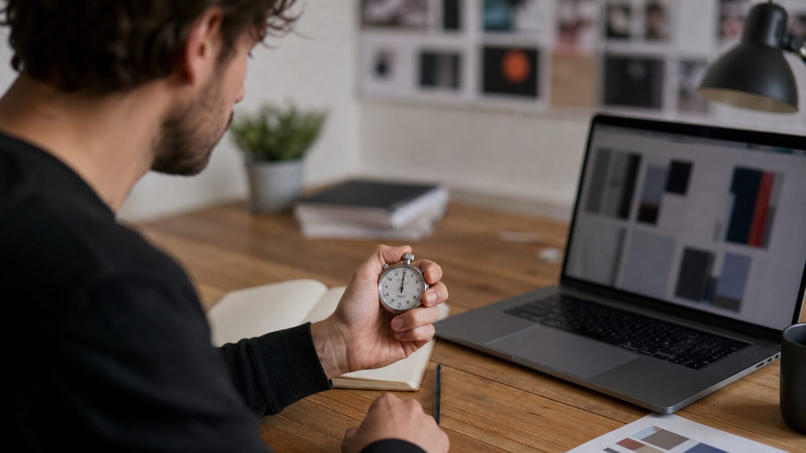Designer d’agence avec un chronomètre pour suivre le temps passé sur un dossier