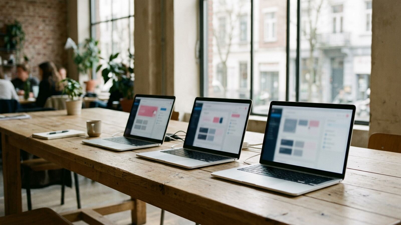Le même scénario, comparé sur trois plateformes Trois ordinateurs portables alignés pour comparer trois plateformes d'automatisation