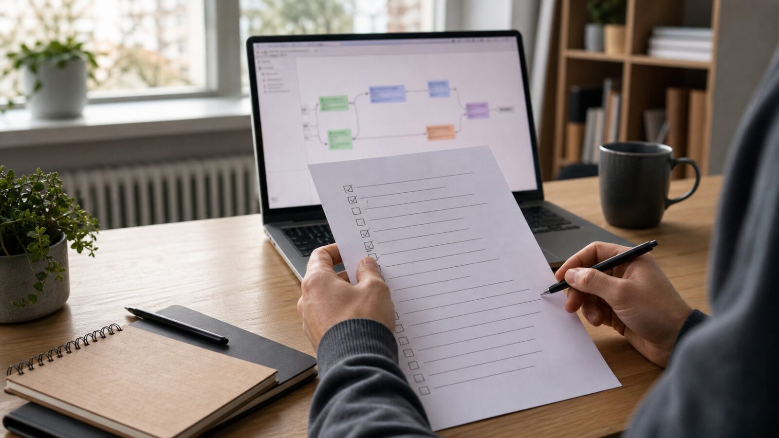 Choisir les tâches à confier à un agent IA Une liste de tâches cochée à la main devant un écran d’automatisation
