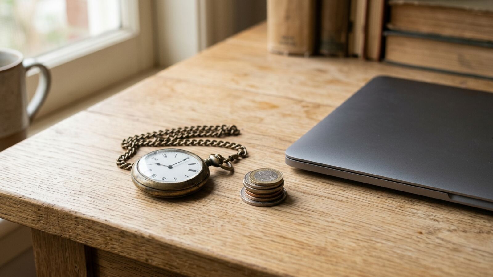 Une montre à gousset et des pièces : le temps contre l'argent Montre à gousset posée près de pièces : choisir entre Shopify ou WooCommerce revient à arbitrer temps et argent