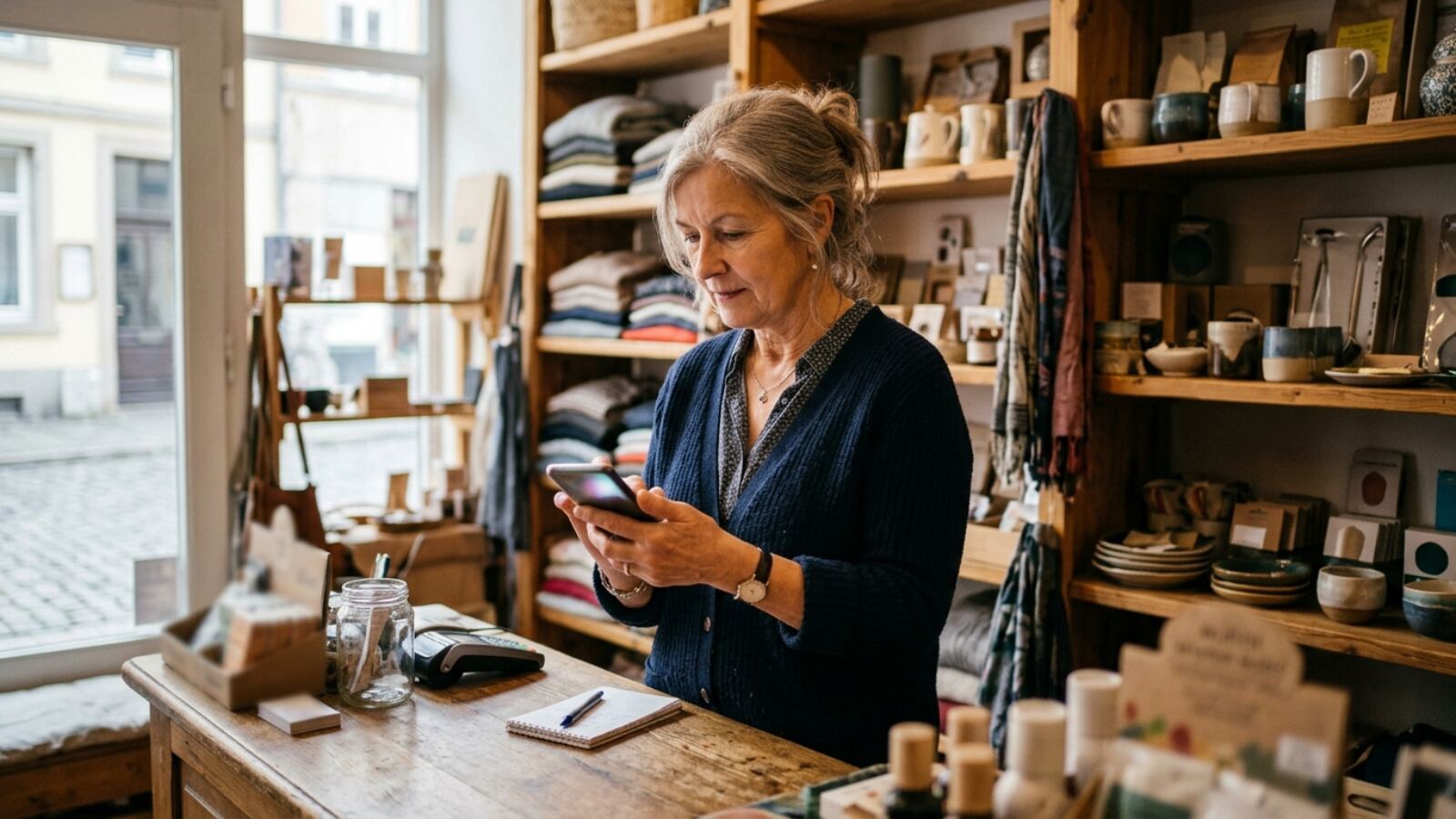 Commerçante répondant aux questions de clients Une commerçante consulte les questions de ses clients sur son téléphone dans sa boutique