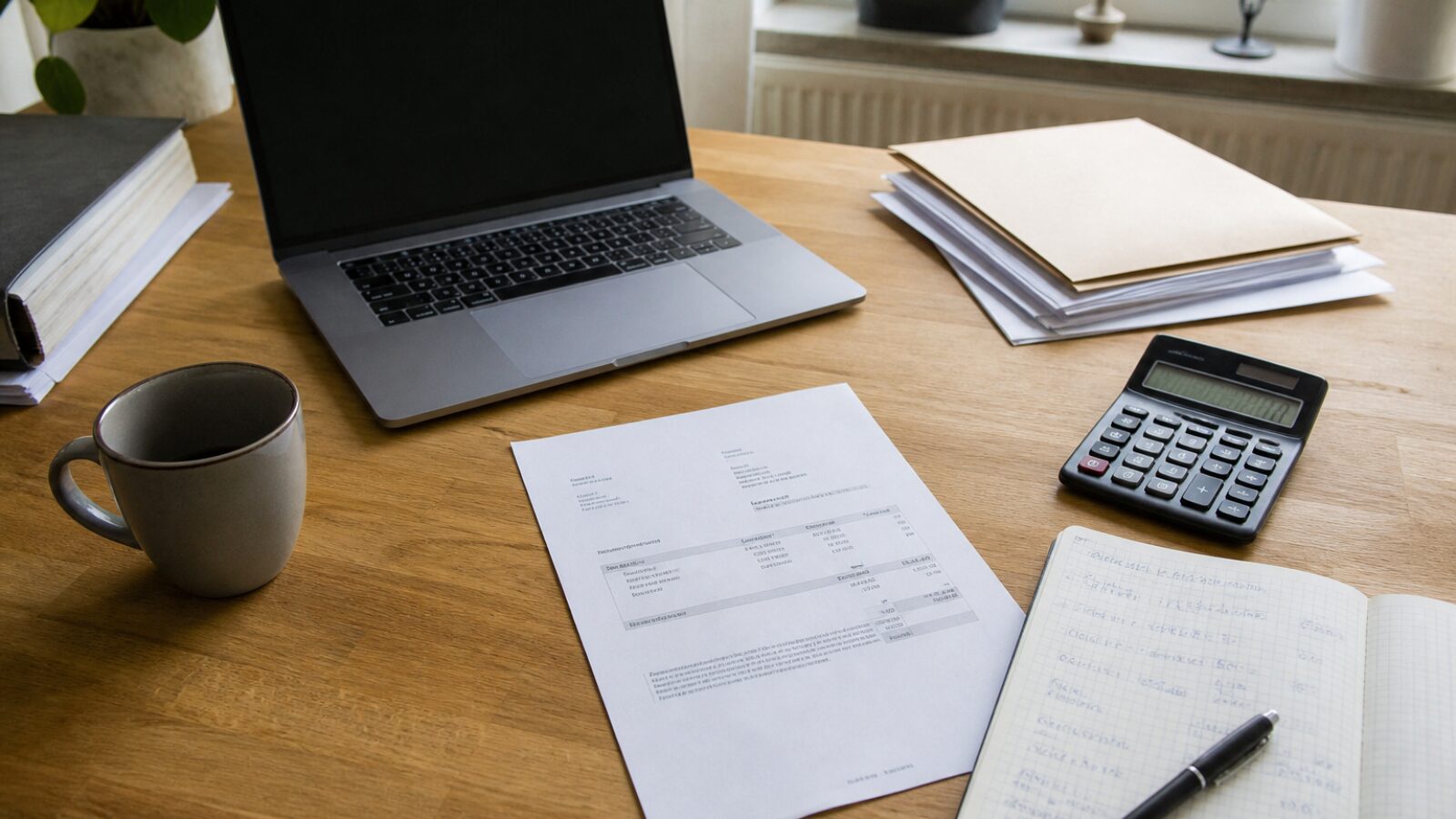 Un bureau avec facture, calculatrice et carnet pour calculer le net perçu