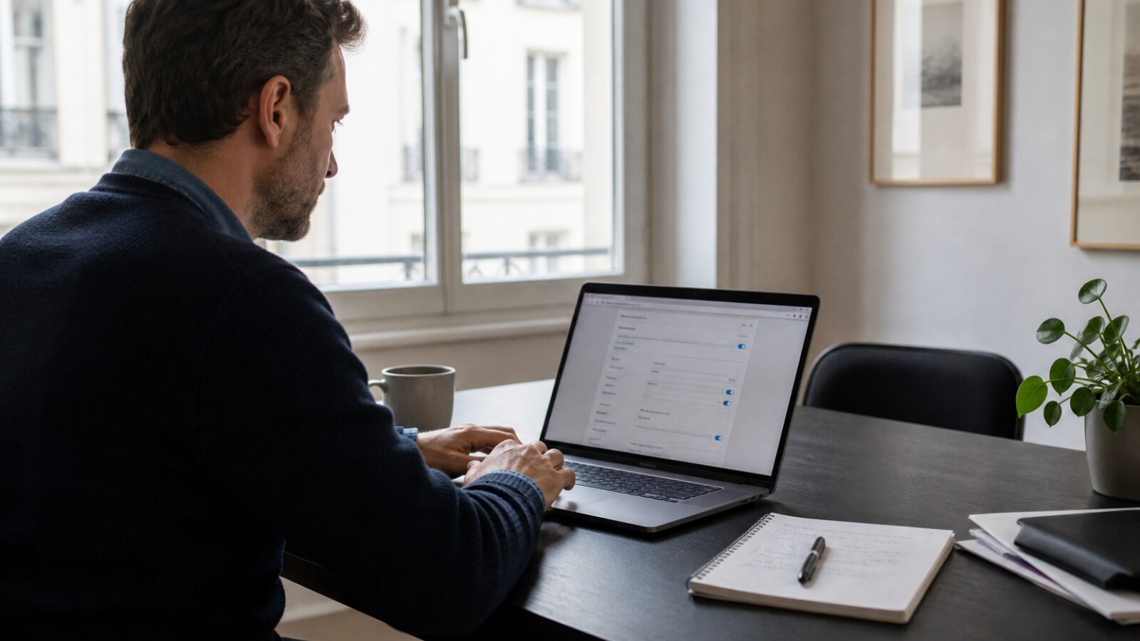 Dirigeant qui contrôle les réglages de sécurité Un dirigeant de TPE contrôle les réglages de sécurité sur son ordinateur portable